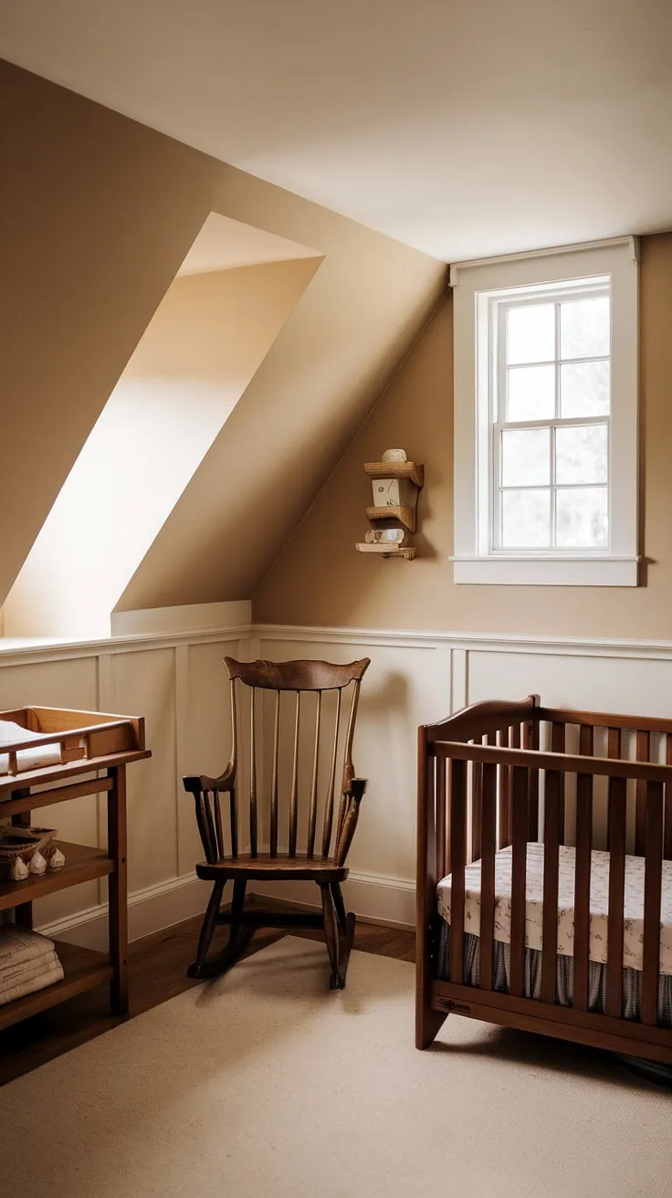 A haven of warmth and tranquility: this craftsman nursery boasts a slanted wall, oak crib and changing table, and charming wainscoting. The brown nursery palette, accented by a soft beige accent wall nursery, creates a vintage nursery feel that's both stylish and inviting.  Perfect slanted wall nursery ideas for a cozy nursery.