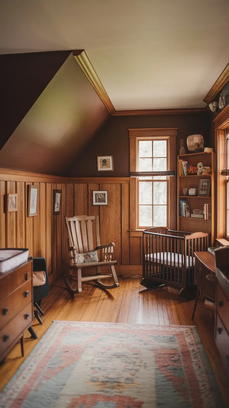 A cozy nursery brimming with character:  the dark brown accent wall nursery perfectly offsets the warm oak nursery and intricate wainscoting.  Slanted wall nursery ideas are beautifully incorporated into this craftsman nursery design, creating a vintage nursery feel that's both stylish and comforting.