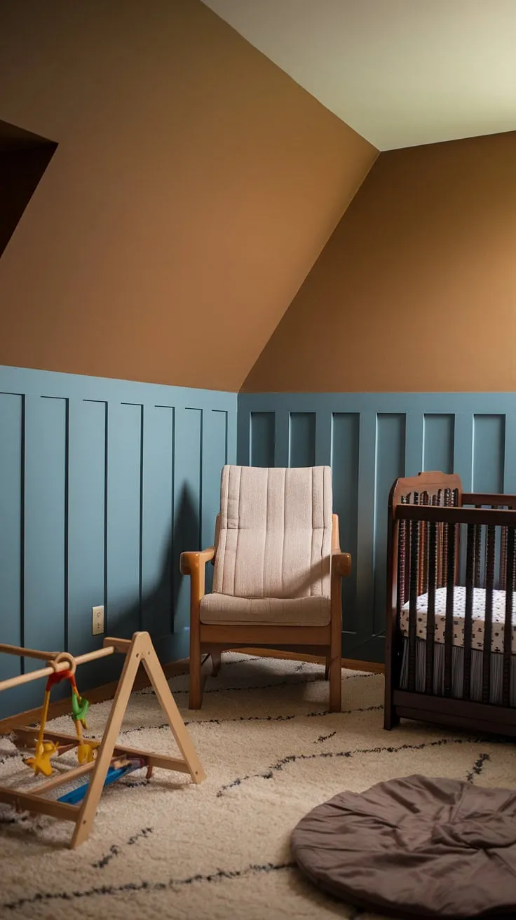 This cozy nursery, featuring a slanted wall, masterfully blends vintage charm with modern comfort.  The soft blue nursery wainscoting and warm brown accent wall create a soothing atmosphere, perfectly complemented by the oak craftsman-style chair and vintage crib.  Clever slanted wall nursery ideas maximize space in this oak nursery, while the plush rug and wooden gym add playful touches to this brown nursery.  A truly enchanting vintage nursery.