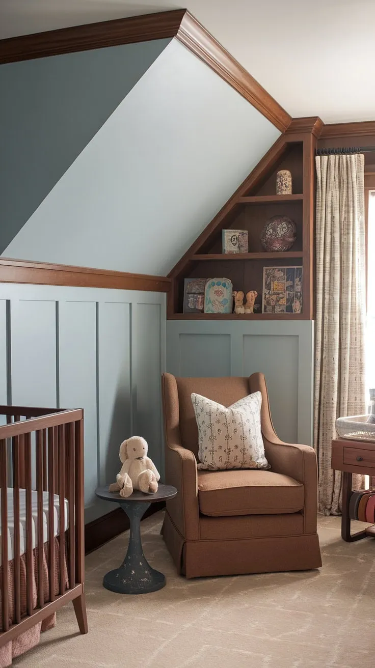 This cozy nursery boasts a unique slanted wall, showcasing clever slanted wall nursery ideas.  The combination of light blue nursery paint color and oak nursery paneling creates a stunning accent wall.  The vintage nursery's wainscoting and brown nursery accents, along with a charming reading nook, make this craftsman nursery truly special.