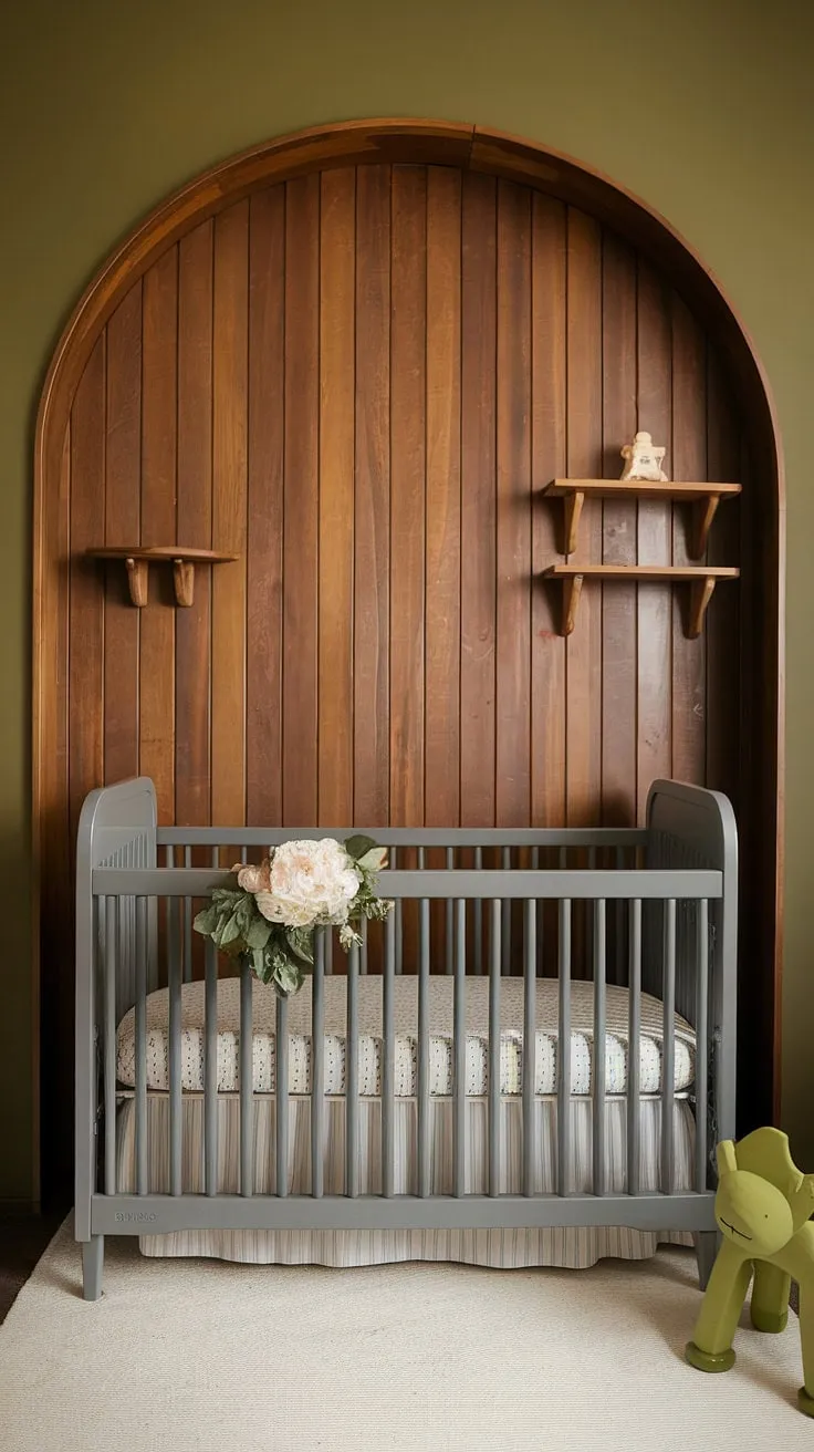 A vintage crib and a modern gray crib nestled under a wooden arch create a dreamy, gender-neutral nursery.  The olive green walls, natural wood shelves, and a playful green animal toy complete this charming natural woodland nursery, showcasing the best of vintage crib nursery and natural wood nursery ideas.