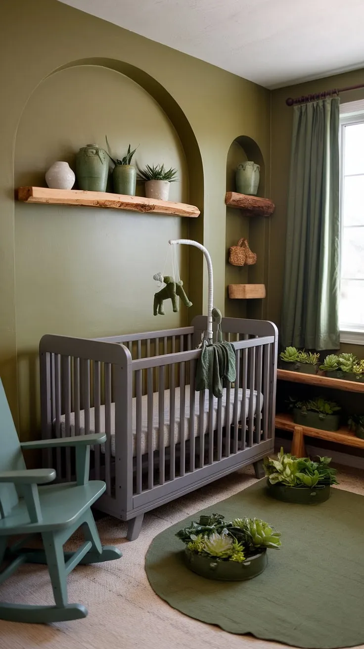 Discover the magic of this gender neutral nursery, a haven of calm designed with natural woodland nursery decor in mind.  The olive green walls create a soothing backdrop for a gray crib nursery featuring a vintage crib under an elegant arch.  Green animal nursery accents and natural wood shelving with lush green and white plants add pops of color, making this neutral nursery a space of tranquility and understated elegance.