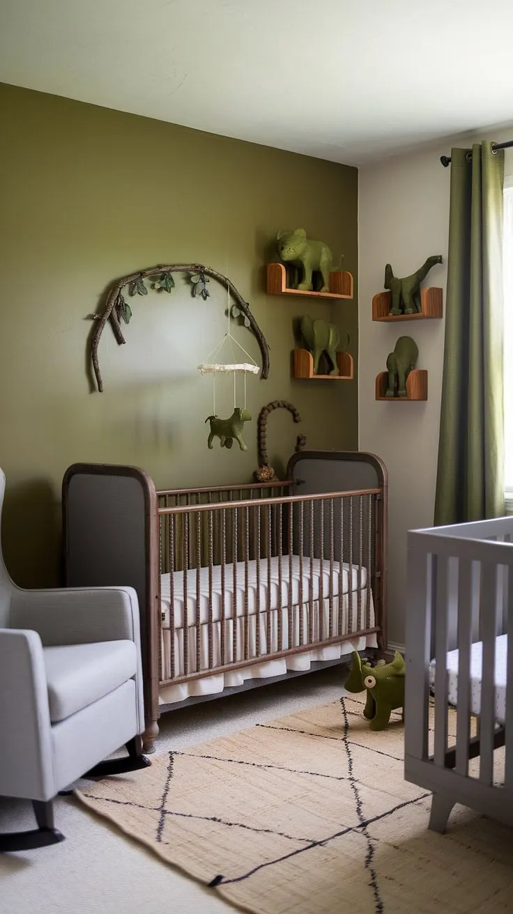 A dreamy natural woodland nursery, showcasing the perfect balance of gray crib nursery and vintage crib nursery styles.  The olive green walls and green animal nursery theme create a calming atmosphere, while the arch over crib adds a touch of whimsical elegance. This gender neutral nursery is brimming with natural wood nursery ideas and thoughtful nursery decor, a testament to the beauty of simple, sophisticated design.