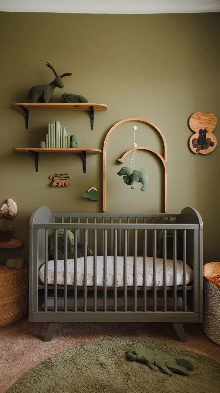 Step into this serene olive green nursery, where natural woodland charm meets modern minimalist design.  A vintage gray crib, adorned with a wooden arch, sits center stage, watched over by a whimsical green animal mobile.  This gender-neutral haven, brimming with natural wood nursery ideas, offers a peaceful sanctuary for sweet dreams.