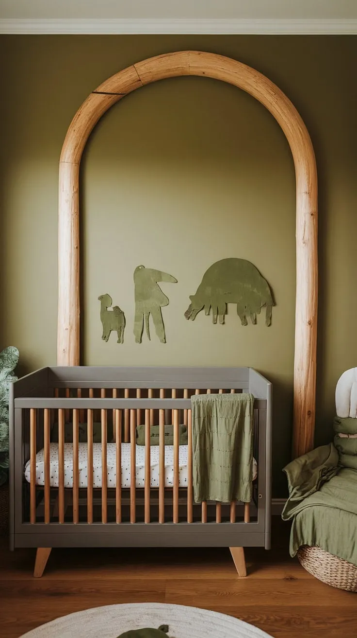 Step into this serene olive green nursery, where a vintage crib and a modern gray crib share space under a charming natural wood arch.  The natural woodland theme, complete with adorable green animal friends, creates a gender-neutral haven perfect for sweet dreams. This natural wood nursery showcases beautiful nursery decor ideas for a truly unique and calming space.