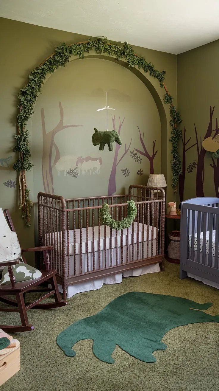 Step into this enchanting olive green nursery, where vintage charm meets modern minimalist design.  A gray crib rests serenely beneath a lush archway of greenery, creating a magical natural woodland nursery.  The green animal rug and mobile add playful touches to this gender-neutral space, showcasing the best of natural wood nursery ideas and vintage crib nursery style.