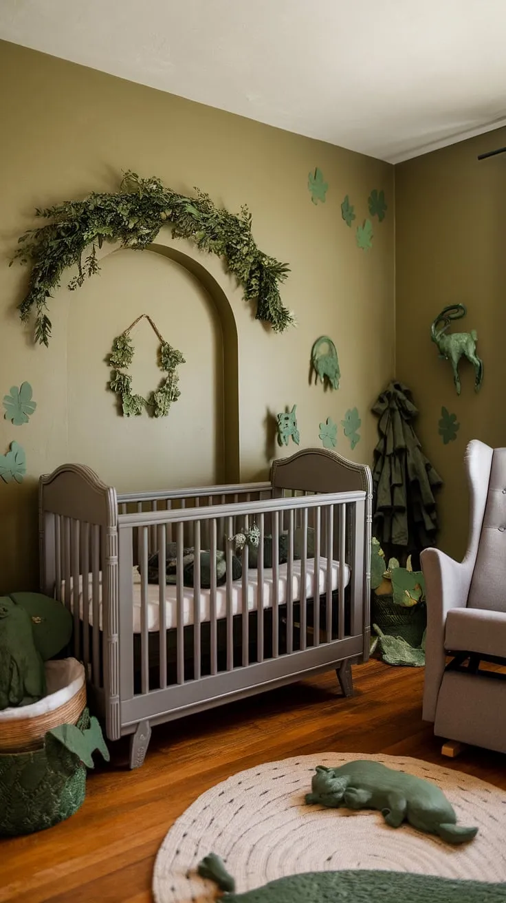 Step into this serene olive green nursery, where natural woodland charm meets vintage elegance.  A gray crib, nestled under a leafy arch, anchors the space, complemented by a gray rocking chair and a playful collection of green animal friends. This gender-neutral nursery, brimming with natural wood nursery ideas, is a testament to thoughtful nursery decor.