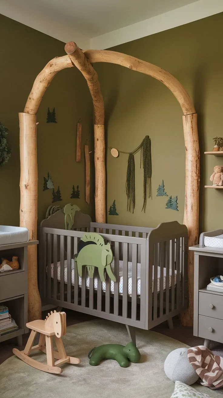 Step into this serene olive green nursery, where natural woodland charm meets modern minimalist design.  The gray crib, accented by a vintage crib featuring a playful green animal, sits beneath a beautiful natural wood arch, creating a focal point in this gender-neutral haven.  Natural wood nursery ideas abound, from the rocking horse to the carefully curated nursery decor, making this space a perfect blend of vintage and contemporary style.