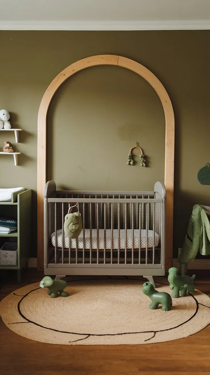 A vintage crib nursery dreamscape! This olive green nursery features a gray crib nestled under a stunning natural wood arch, creating a magical focal point.  The neutral nursery palette is enlivened by sweet green animal accents, making it the perfect blend of style and whimsy for a natural woodland nursery.  Explore these natural wood nursery ideas for your own haven of calm.