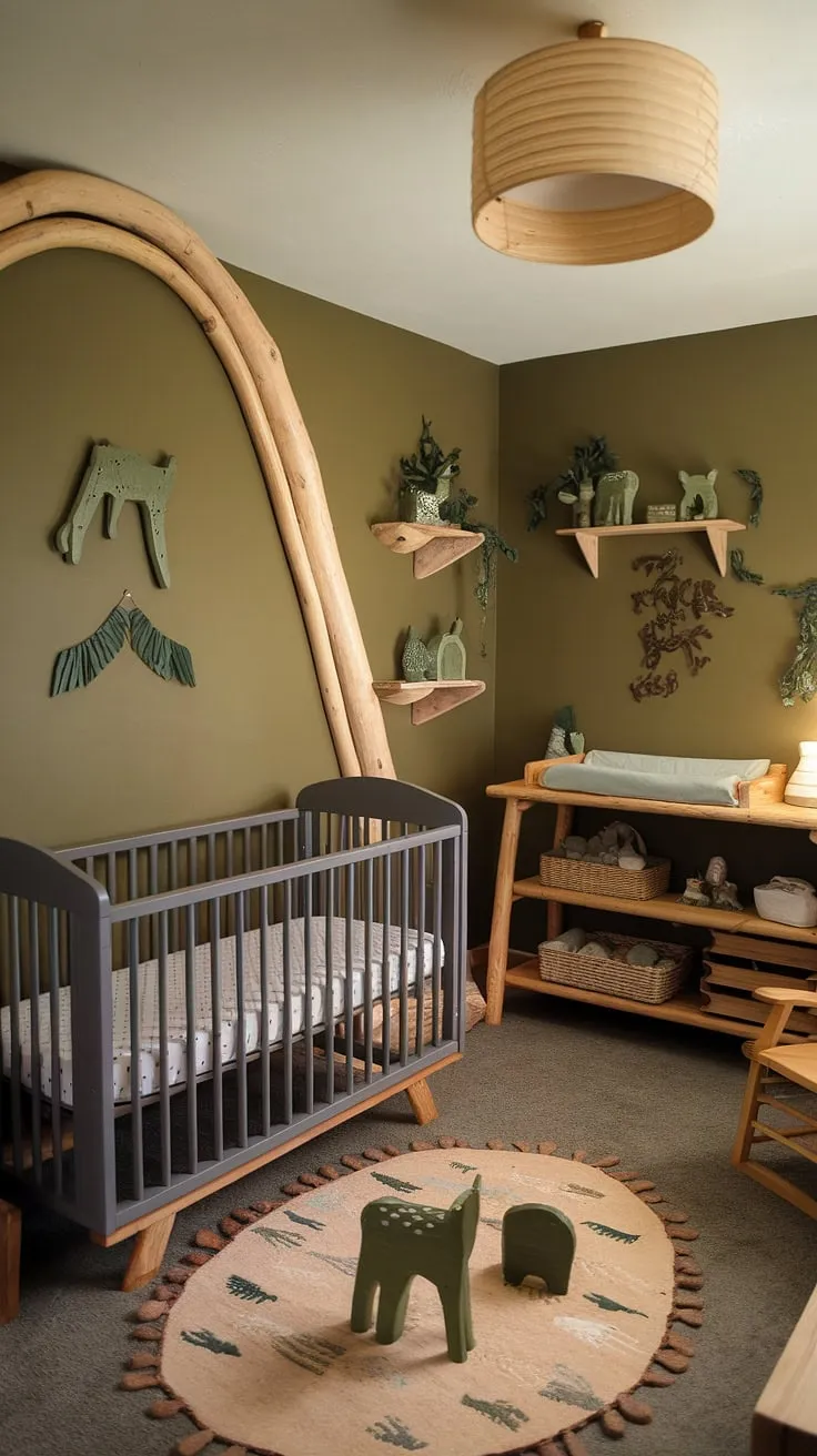 Step into this serene olive green nursery, where natural wood accents and a vintage gray crib create a calming haven. The arch over the crib adds a touch of whimsy to this gender-neutral nursery, perfectly complemented by the adorable green animal nursery decor.  This natural woodland nursery is a testament to beautiful and functional nursery decor, showcasing natural wood nursery ideas for a space that's both stylish and soothing.