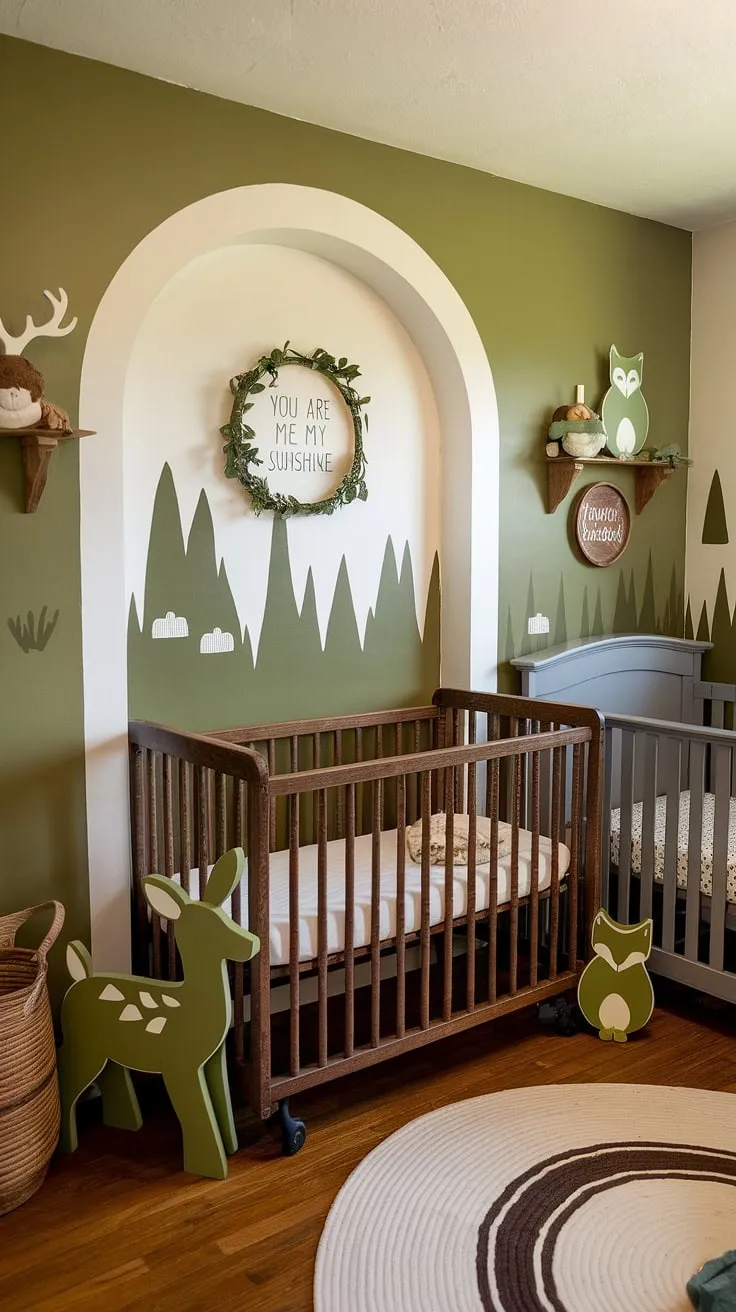 Step into this enchanting natural woodland nursery, where olive green walls and a vintage crib nestled under a white arch create a serene haven.  The gray crib complements the space perfectly, while green animal friends – a deer, fox, and owl – add playful charm to this gender-neutral nursery.  Natural wood flooring and thoughtful nursery decor, including a "You are my sunshine" sign, complete this idyllic setting, offering inspiration for your own natural wood nursery ideas.