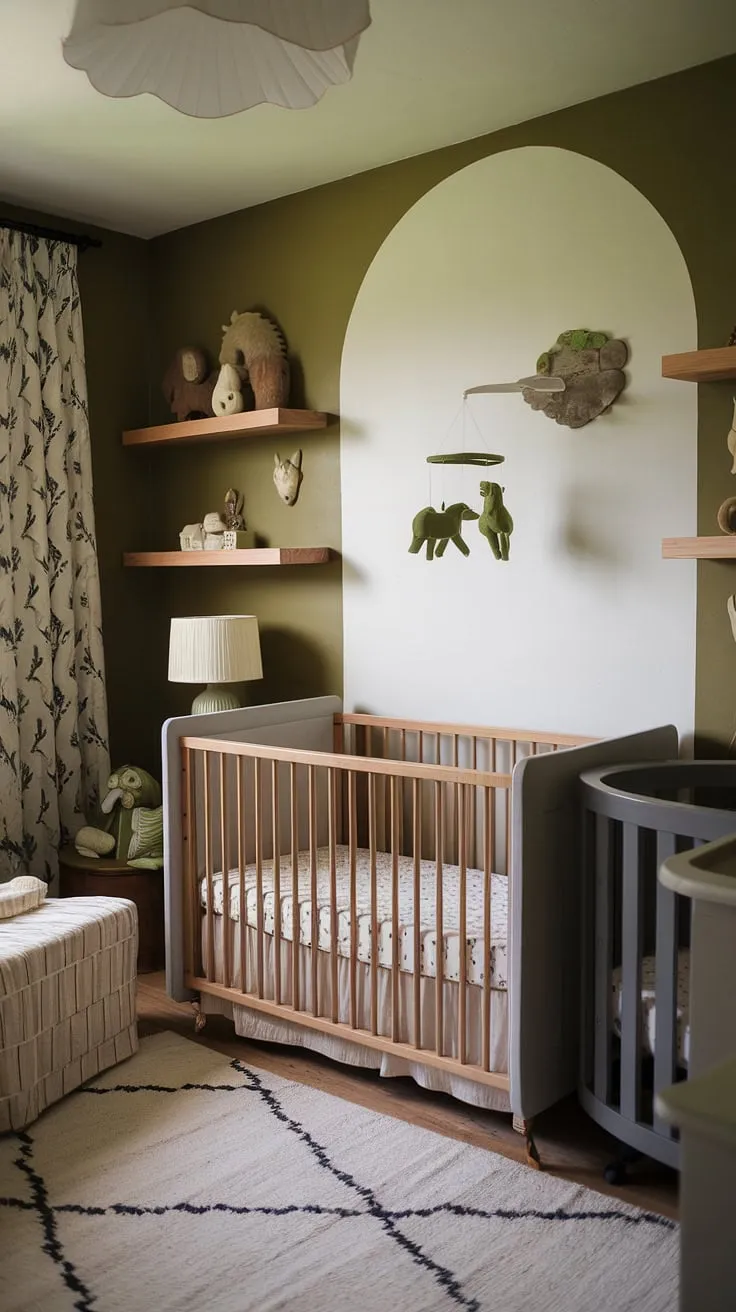 Step into this enchanting natural woodland nursery, where olive green walls embrace a vintage crib and a modern gray crib, creating a perfectly balanced gender-neutral haven.  The arch over the crib adds a touch of whimsy, while natural wood shelves and a green animal mobile complete this serene space, showcasing the best of natural wood nursery ideas and vintage crib nursery charm.
