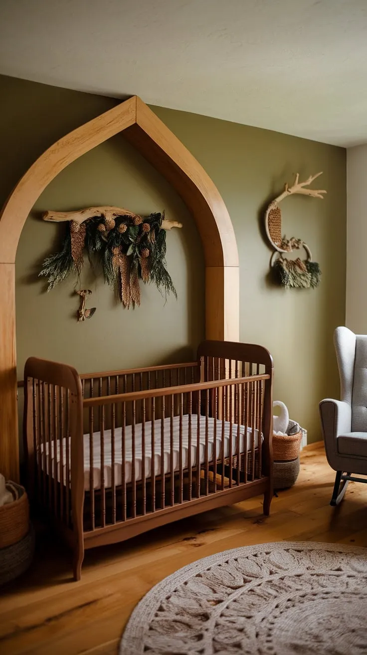 A vintage crib nestled under a wooden arch, the heart of this olive green nursery.  Natural woodland elements and soft lighting create a serene space, perfect for sweet dreams. This gender-neutral nursery, with its gray rocking chair and natural wood floors, offers a calming retreat, showcasing the best of natural wood nursery ideas and vintage crib nursery style.  A green animal nursery theme would perfectly complement this space.