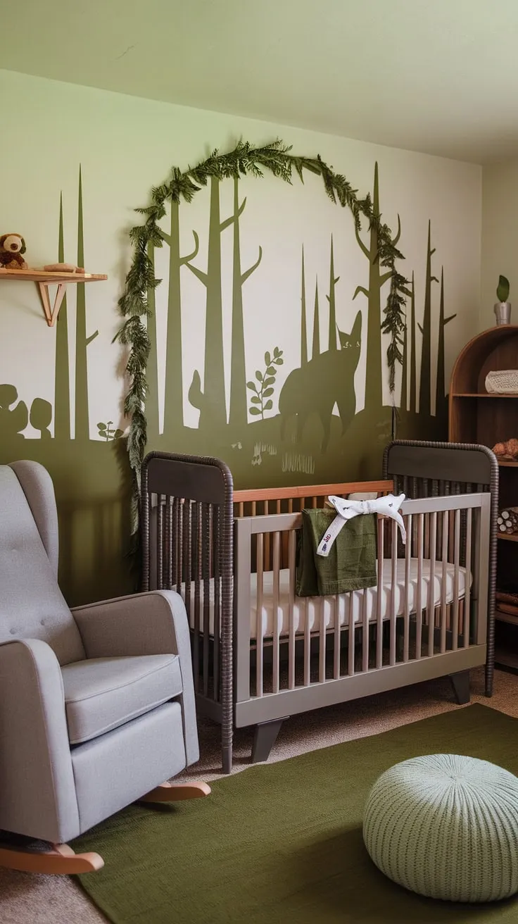 Step into this serene olive green nursery, where vintage charm meets modern minimalism.  A gray crib rests beneath a lush archway, creating a magical natural woodland nursery.  The gender-neutral design, featuring natural wood nursery ideas and a touch of green animal nursery whimsy, makes this space perfect for sweet dreams.  The gray crib nursery is complemented by a vintage crib and a cozy rocker, all set against a calming green rug.