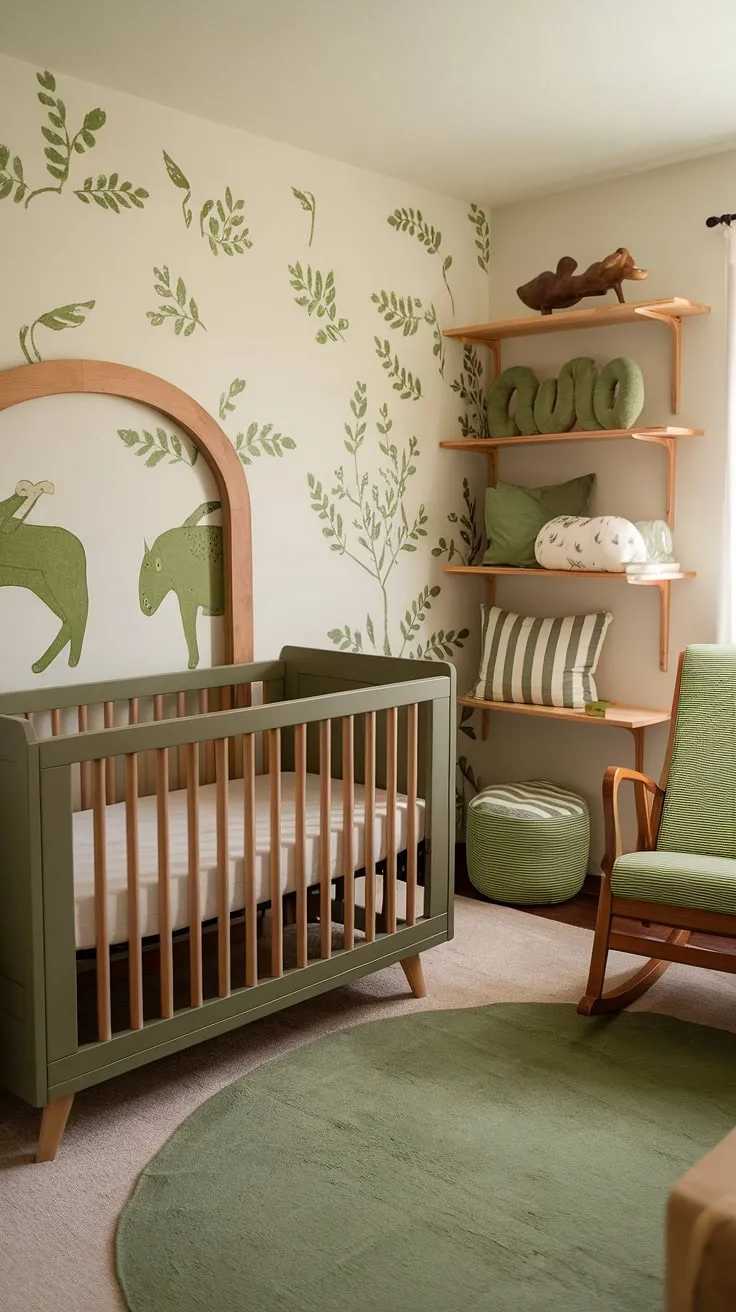 A vintage crib nursery transformed! This gender neutral nursery boasts a calming olive green palette, accented by a charming arch over the crib and adorable green animal wall art.  The natural wood elements and soft green rug create a cozy natural woodland nursery atmosphere, showcasing the best in gray crib nursery and natural wood nursery ideas.  This space is a perfect example of sophisticated nursery decor, effortlessly blending vintage charm with modern simplicity.