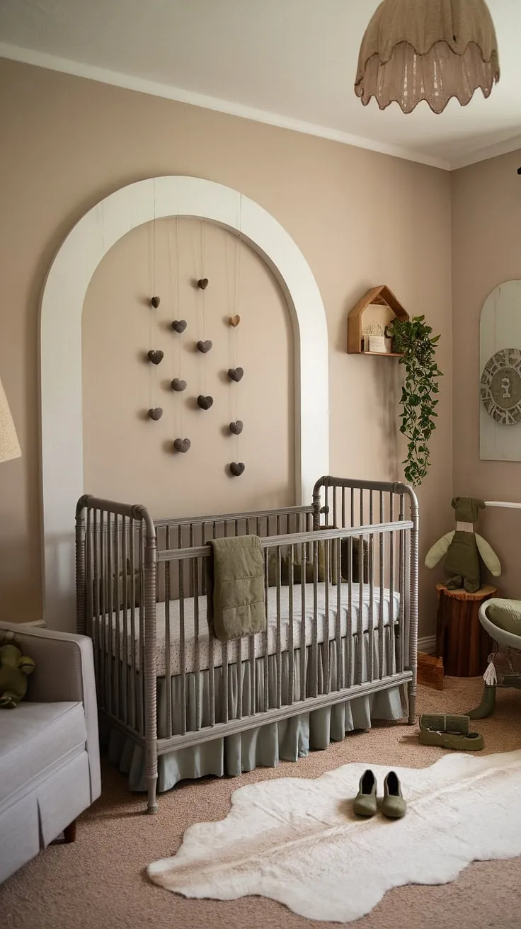 This vintage crib nursery is a dream come true!  The olive green nursery accents and gray crib, complemented by a charming arch over crib and a natural woodland nursery theme, create a space that's both stylish and soothing.  Discover the perfect blend of nursery decor in this gender neutral nursery, showcasing natural wood nursery ideas and a sweet green animal nursery friend.
