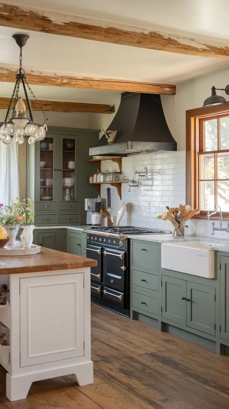 This traditional farmhouse kitchen beautifully blends rustic elements like green kitchen cabinets and a vintage light fixture with modern updates, showcasing inspiring kitchen renovation ideas for a modern farmhouse style.