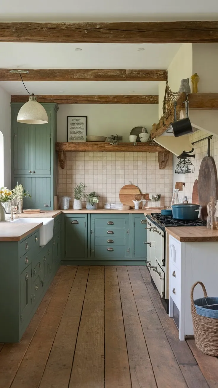 This traditional farmhouse kitchen showcases modern farmhouse style with green kitchen cabinets, a white island, and rustic kitchen cabinets, blending vintage kitchen decor and country kitchen inspiration for a cozy renovation.