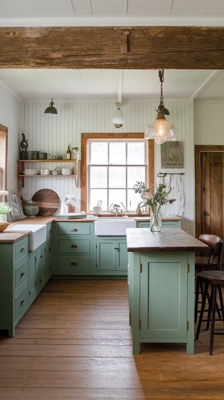 With its wooden beams, vintage light fixture, and country kitchen inspiration, this kitchen renovation idea showcases the charm of a traditional farmhouse kitchen infused with modern elements.