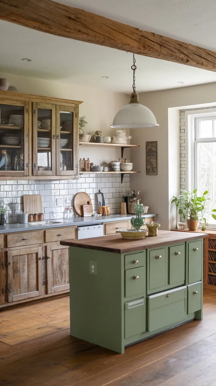 This charming old farmhouse kitchen showcases rustic kitchen cabinets and a green kitchen island, blending vintage kitchen decor with modern farmhouse style for inspiring kitchen renovation ideas.