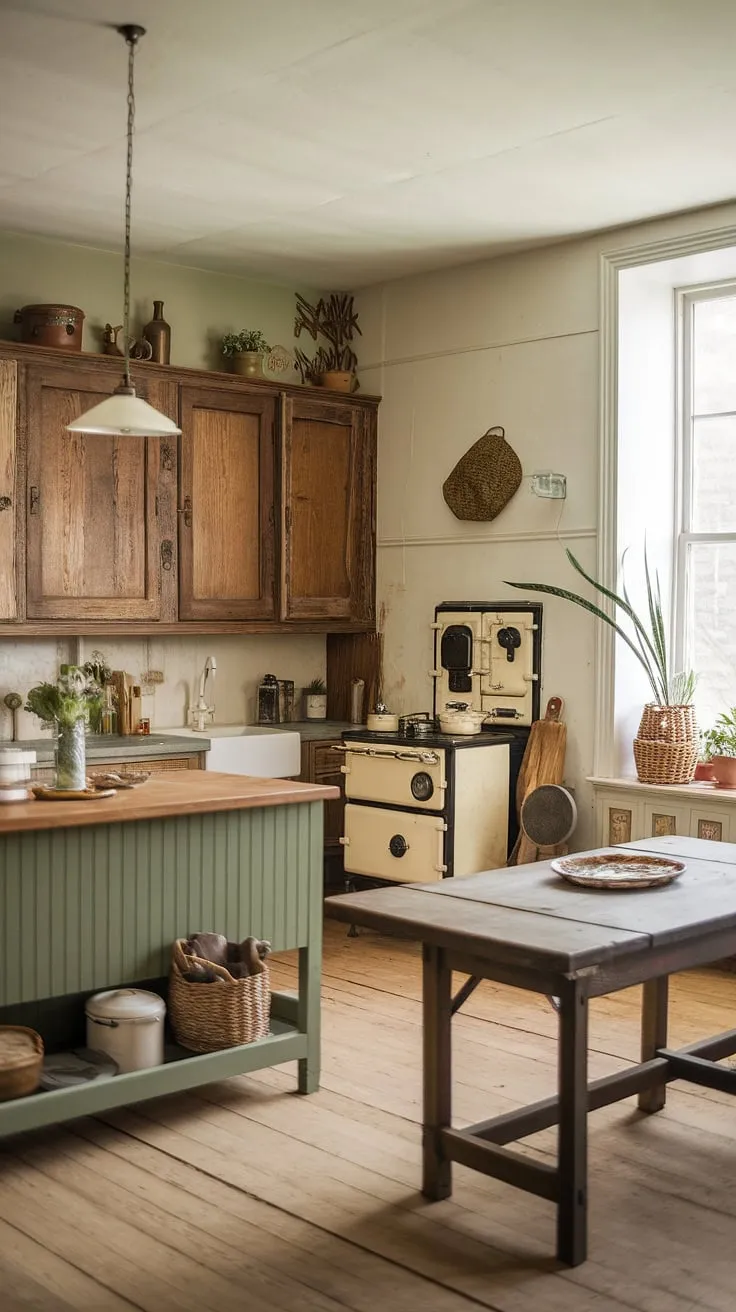Featuring a vintage stove and a large wooden table, this traditional farmhouse kitchen blends rustic charm with contemporary kitchen renovation ideas for a delightful vintage ambiance.