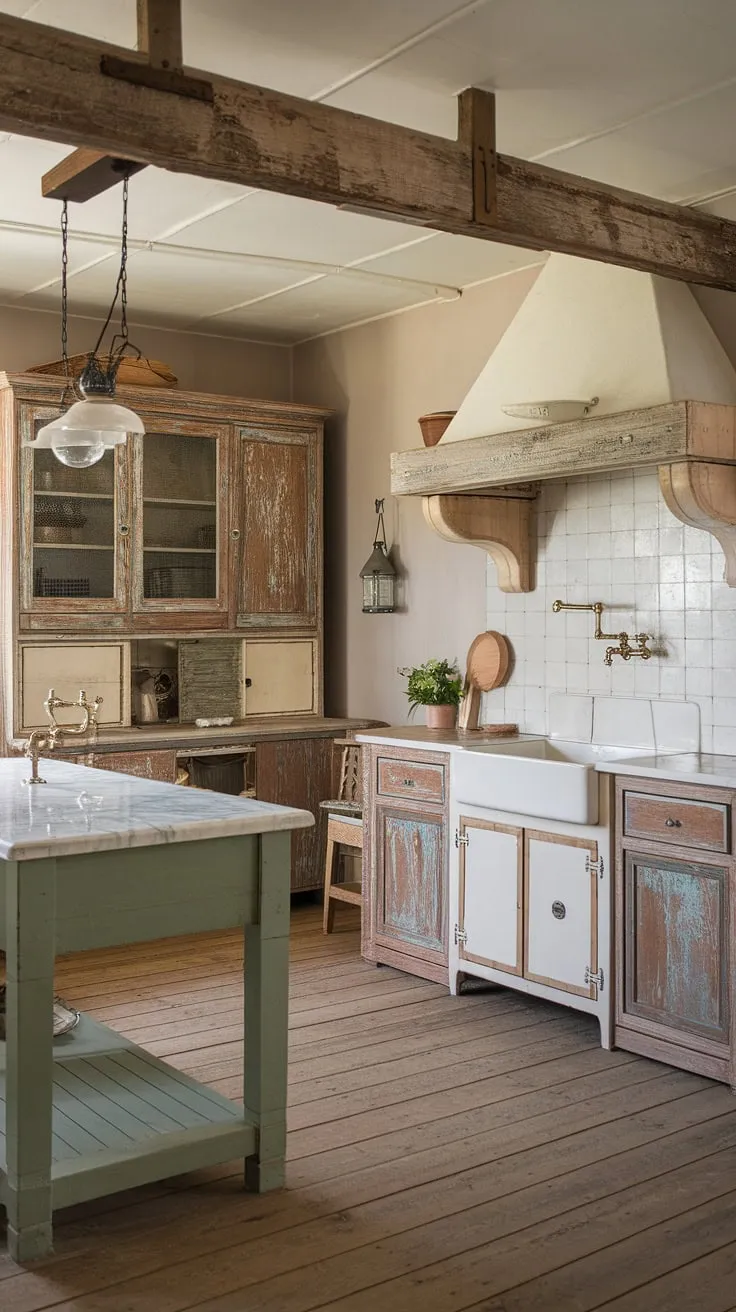Featuring rustic kitchen cabinets and a green island, this old farmhouse kitchen blends vintage decor with traditional charm, making it a stunning example of country kitchen inspiration.