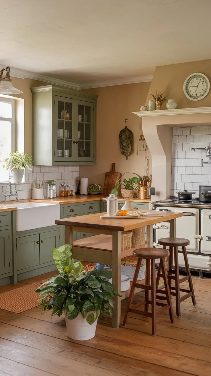 With its warm lighting, wooden island, and vintage stove, this old farmhouse kitchen showcases stunning kitchen renovation ideas that highlight the beauty of a traditional farmhouse kitchen.