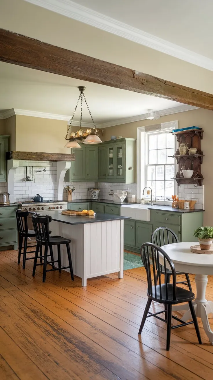 This traditional farmhouse kitchen features modern farmhouse style with green kitchen cabinets, a white island, and rustic kitchen cabinets, blending vintage kitchen decor and country kitchen inspiration for a stunning renovation.