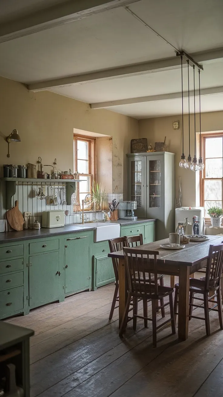 This charming old farmhouse kitchen showcases modern farmhouse style with rustic kitchen cabinets, vintage kitchen decor, and green kitchen cabinets, making it a perfect source of country kitchen inspiration for your kitchen renovation ideas.