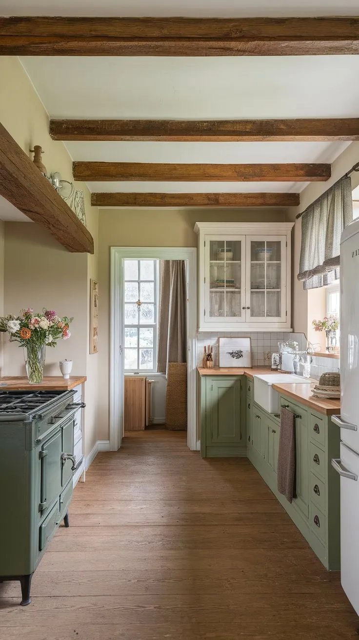 The old farmhouse kitchen showcases a perfect mix of vintage kitchen decor and modern farmhouse style, highlighted by green rustic cabinets and a warm wooden floor.