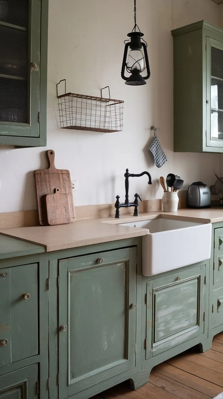 Featuring rustic kitchen cabinets and a white farmhouse sink, this vintage kitchen embodies country kitchen inspiration with its warm wooden floor and inviting decor.