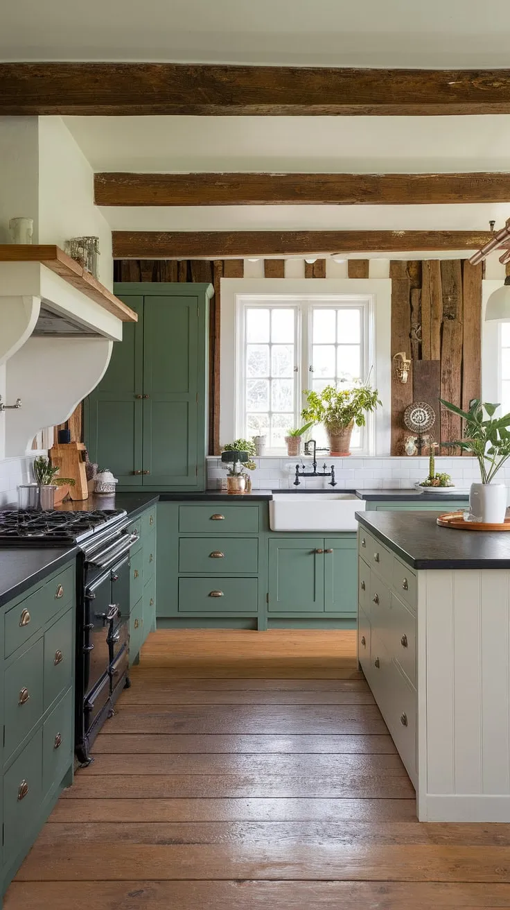 This traditional farmhouse kitchen showcases modern farmhouse style with green kitchen cabinets, a white island, and rustic wooden beams, blending vintage kitchen decor and country kitchen inspiration.