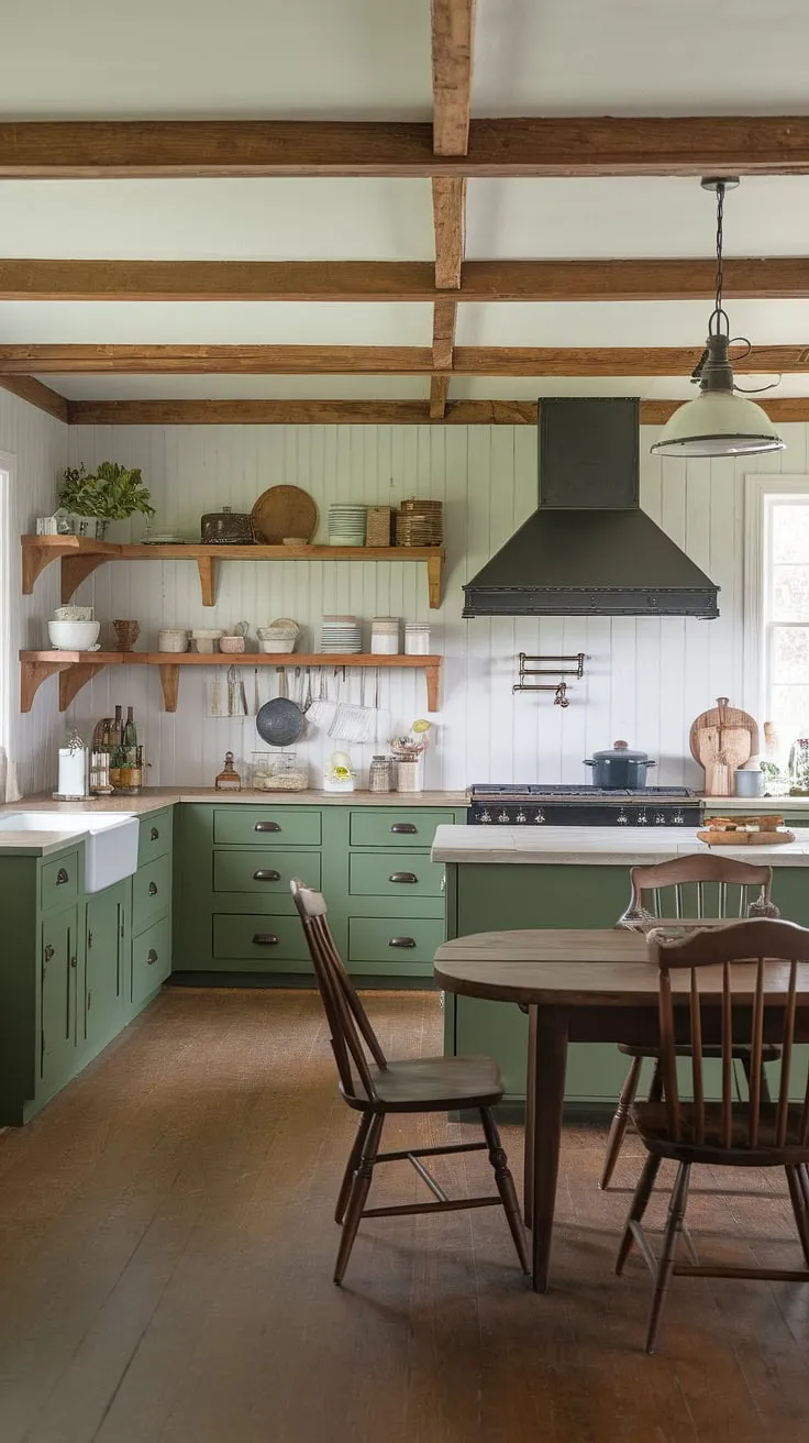 With its green color scheme, wooden beams, and vintage kitchen decor, this old farmhouse kitchen exemplifies the charm of traditional farmhouse kitchen design and offers inspiring kitchen renovation ideas.