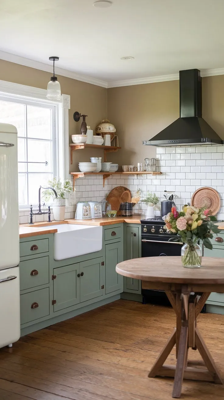 This traditional farmhouse kitchen features modern farmhouse style with green kitchen cabinets, a white farmhouse sink, and rustic kitchen cabinets, offering a perfect blend of vintage kitchen decor and contemporary kitchen renovation ideas.