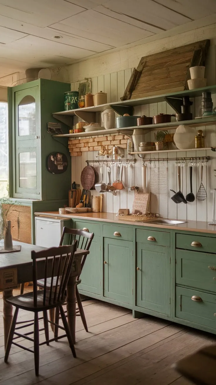 This old farmhouse kitchen beautifully blends rustic green cabinets and vintage decor with modern farmhouse style, creating a warm and inviting space perfect for country kitchen inspiration.