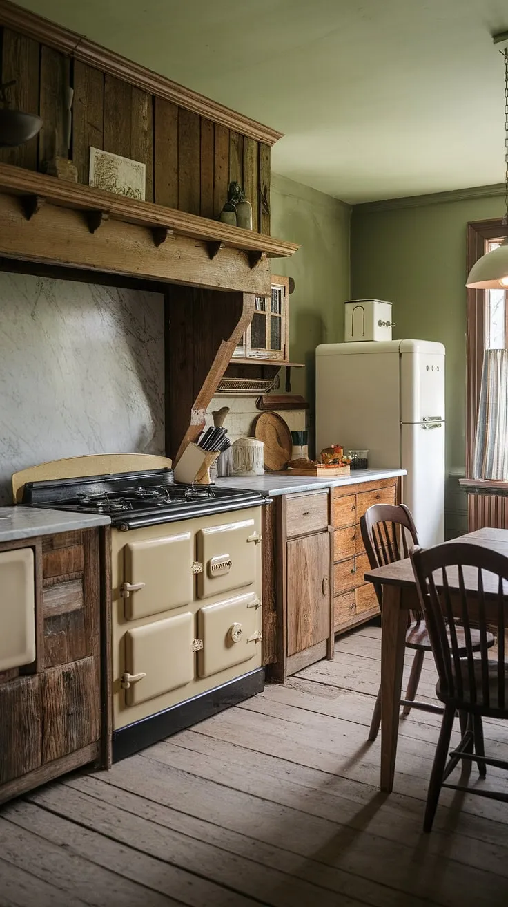 This old farmhouse kitchen showcases modern farmhouse style with vintage decor, rustic kitchen cabinets, and green accents, making it a perfect source of country kitchen inspiration for your renovation ideas.