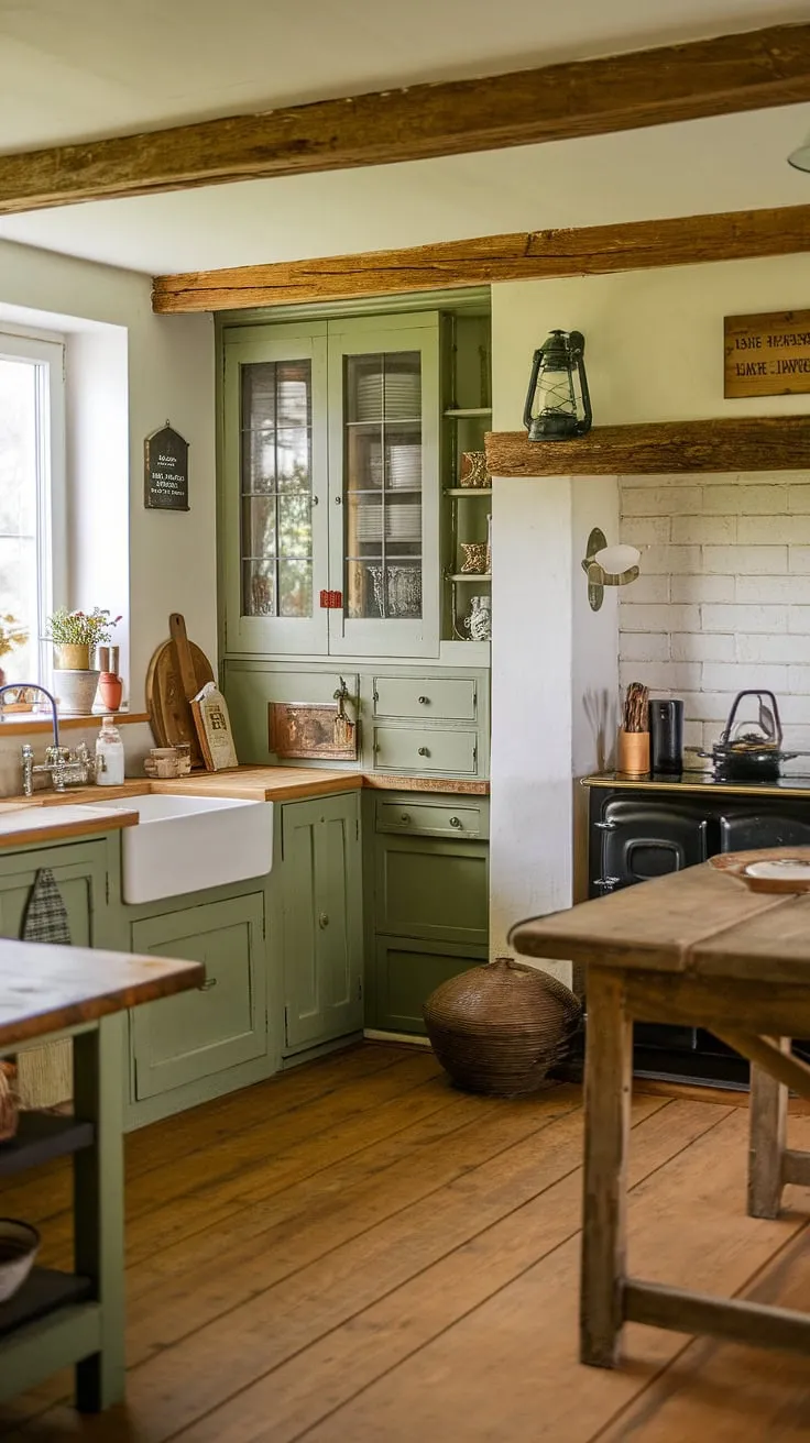 This charming traditional farmhouse kitchen features rustic wooden elements, vintage decor, and modern farmhouse style with green kitchen cabinets, creating a warm and inviting atmosphere perfect for country kitchen inspiration.