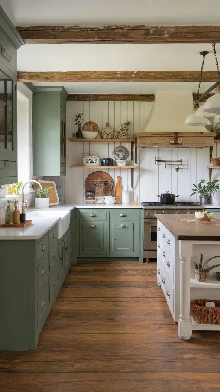 With its inviting atmosphere, this old farmhouse kitchen showcases a perfect mix of rustic charm and modern farmhouse style through green cabinets, a white island, and vintage decor accents.