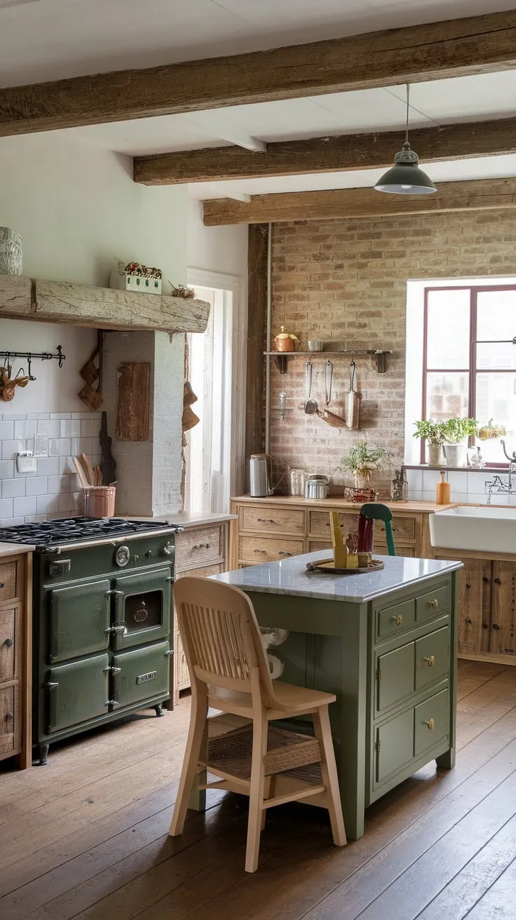 With its charming exposed beams, brick wall, and rustic kitchen cabinets, this old farmhouse kitchen is a stunning example of kitchen renovation ideas that highlight vintage kitchen decor and traditional farmhouse aesthetics.