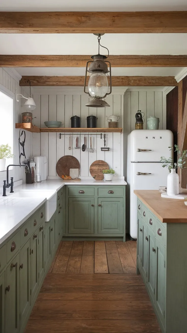 With its green kitchen cabinets, white countertops, and vintage accents, this old farmhouse kitchen showcases a perfect fusion of traditional farmhouse kitchen design and modern renovation ideas.