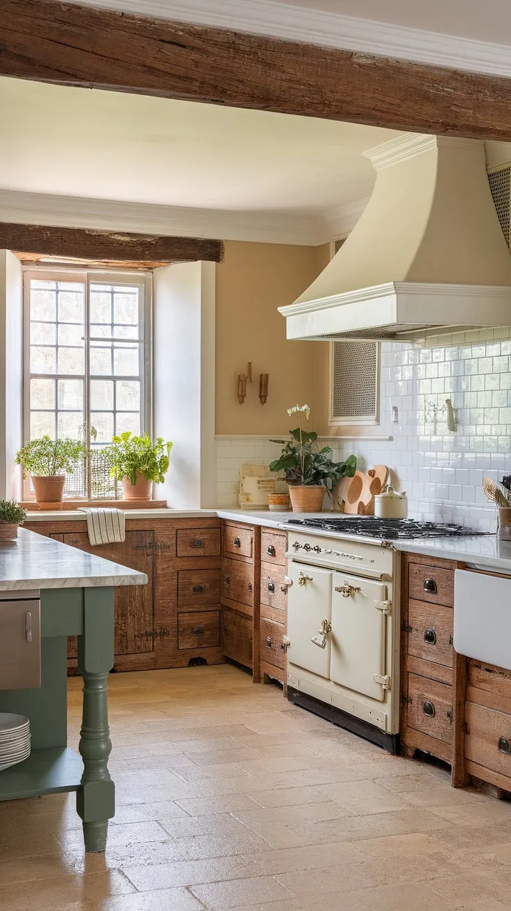 Featuring rustic wooden cabinets and a green island, this traditional farmhouse kitchen blends vintage charm with modern farmhouse style for a fresh take on country kitchen inspiration.
