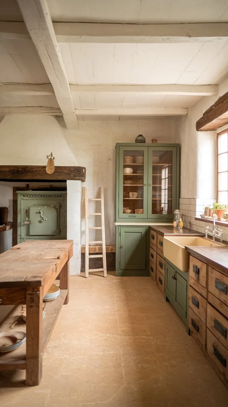 The traditional farmhouse kitchen showcases rustic wooden cabinets and a modern touch with green kitchen cabinets, creating a warm and inviting space perfect for any kitchen renovation ideas.