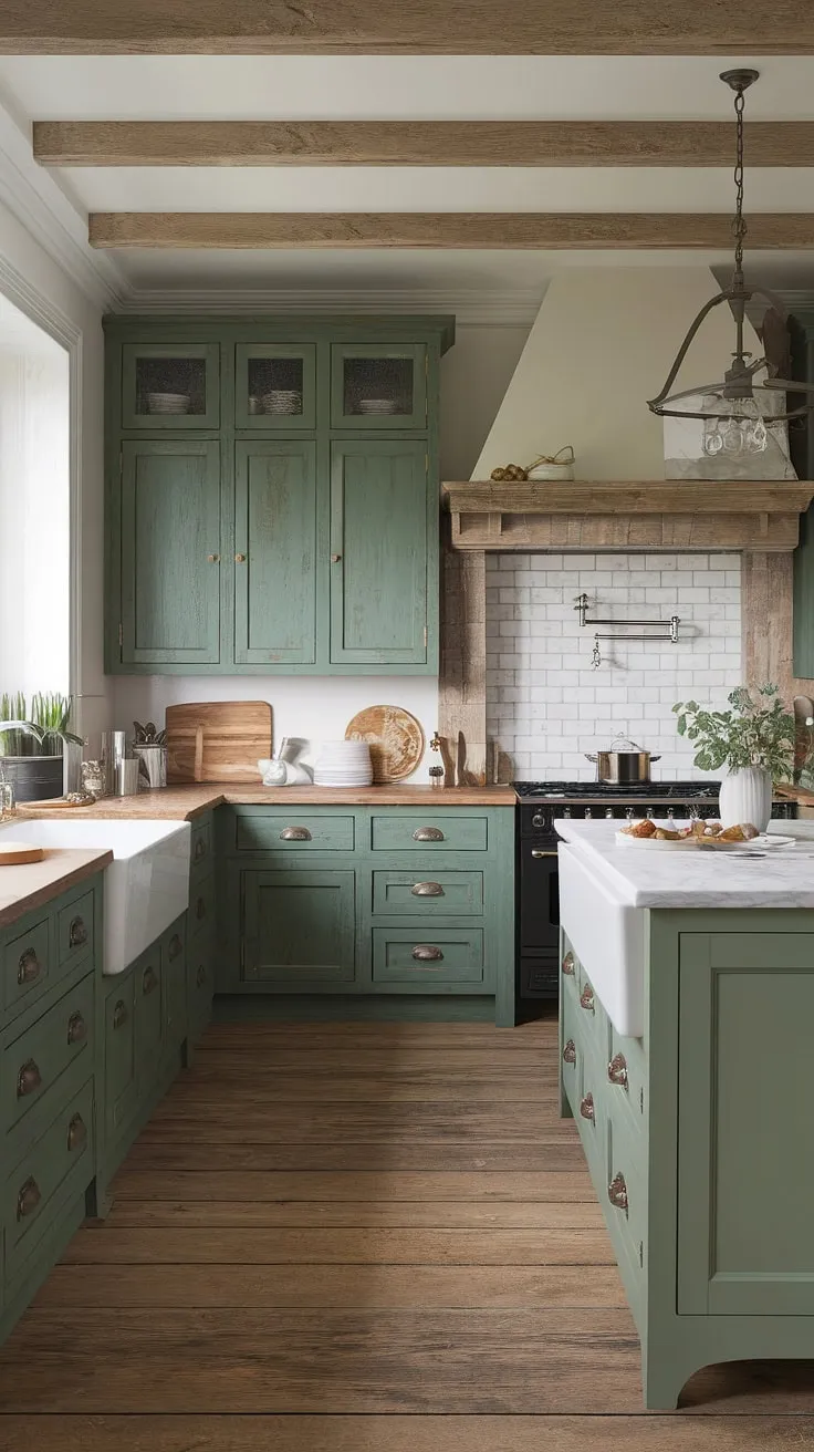 This traditional farmhouse kitchen showcases modern farmhouse style with green rustic cabinets, a white marble island, and vintage decor, offering inspiring kitchen renovation ideas.