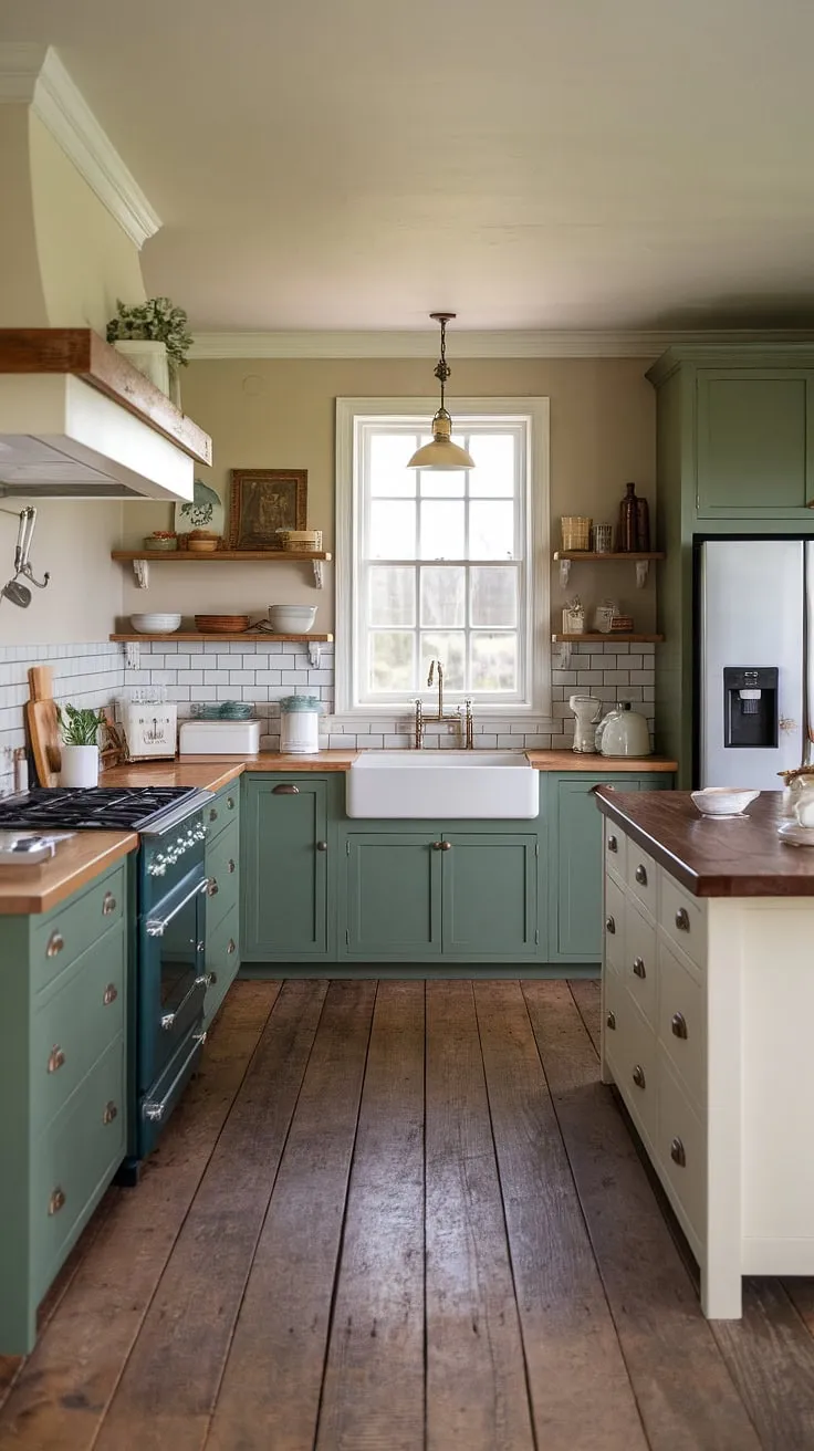 This traditional farmhouse kitchen beautifully blends modern farmhouse style with vintage kitchen decor, featuring green kitchen cabinets, rustic kitchen cabinets, and a charming view from the window.
