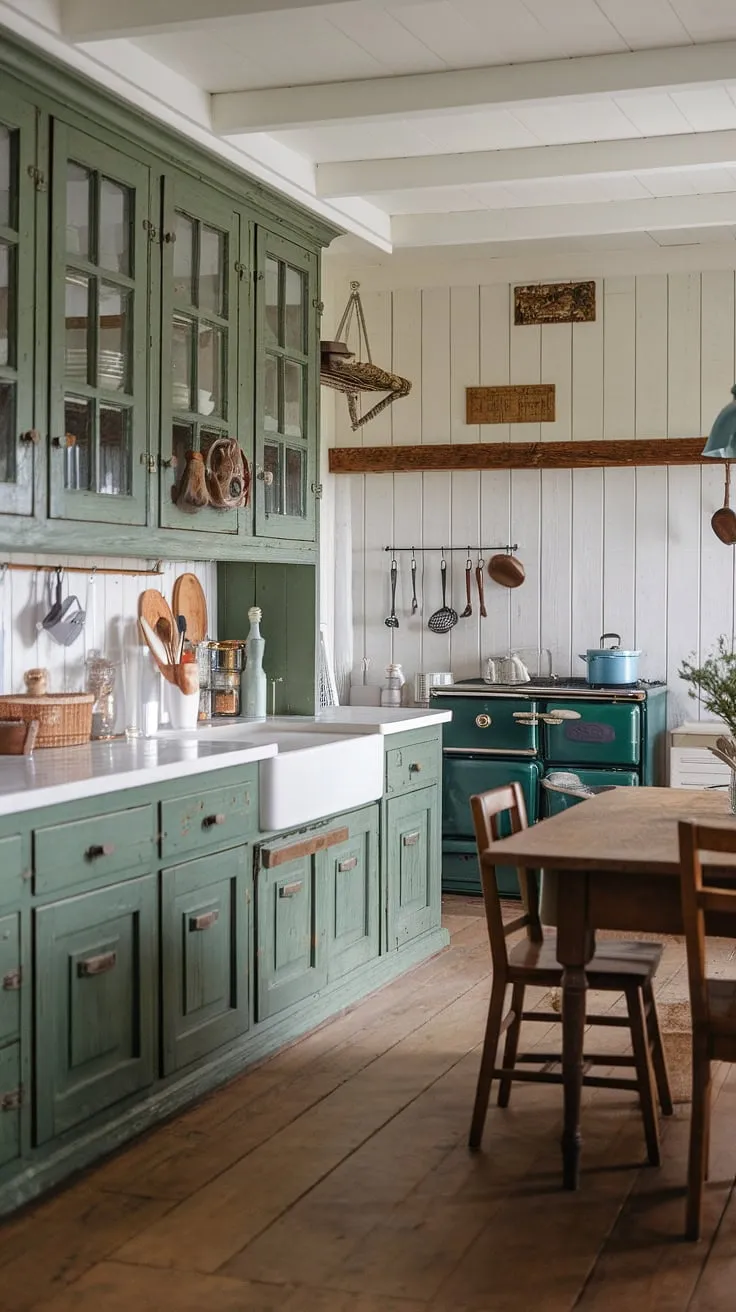 This traditional farmhouse kitchen features rustic green cabinets with a distressed finish, a vintage range oven, and a wooden table, perfectly blending modern farmhouse style with country kitchen inspiration.