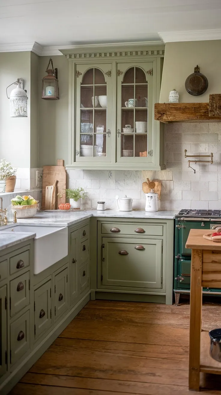 This charming traditional farmhouse kitchen features rustic green cabinets and vintage decor, perfectly blending modern farmhouse style with country kitchen inspiration.