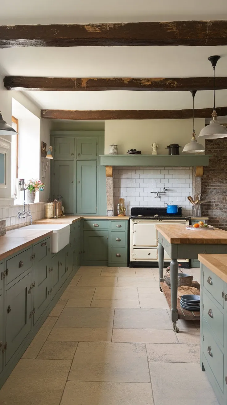 This traditional farmhouse kitchen showcases modern farmhouse style with green kitchen cabinets, a vintage range, and rustic kitchen cabinets, blending country kitchen inspiration with innovative kitchen renovation ideas.