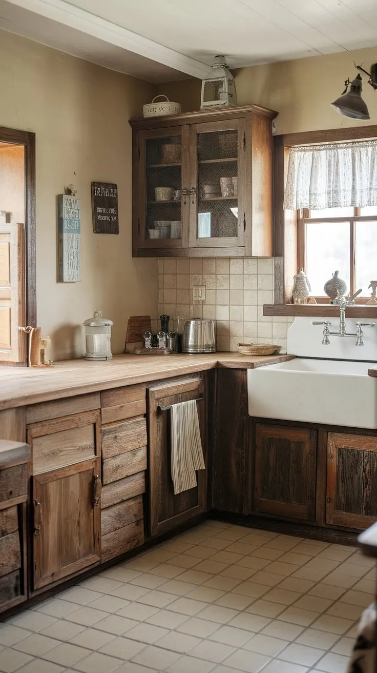 Featuring green kitchen cabinets and a beige tile floor, this inviting farmhouse kitchen design blends rustic charm with contemporary touches for perfect country kitchen inspiration.