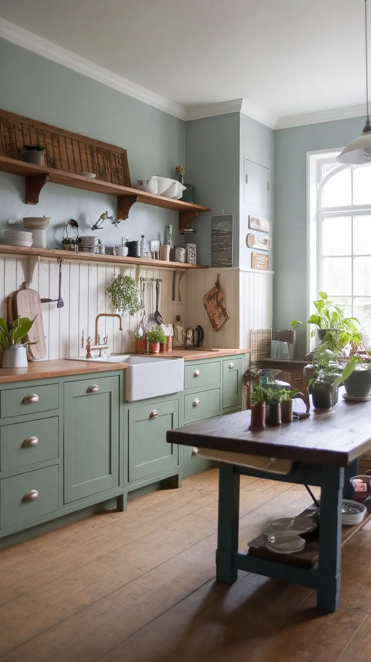 This traditional farmhouse kitchen beautifully blends modern farmhouse style with rustic kitchen cabinets and vintage kitchen decor, featuring green kitchen cabinets and a large wooden table that inspires country kitchen renovation ideas.