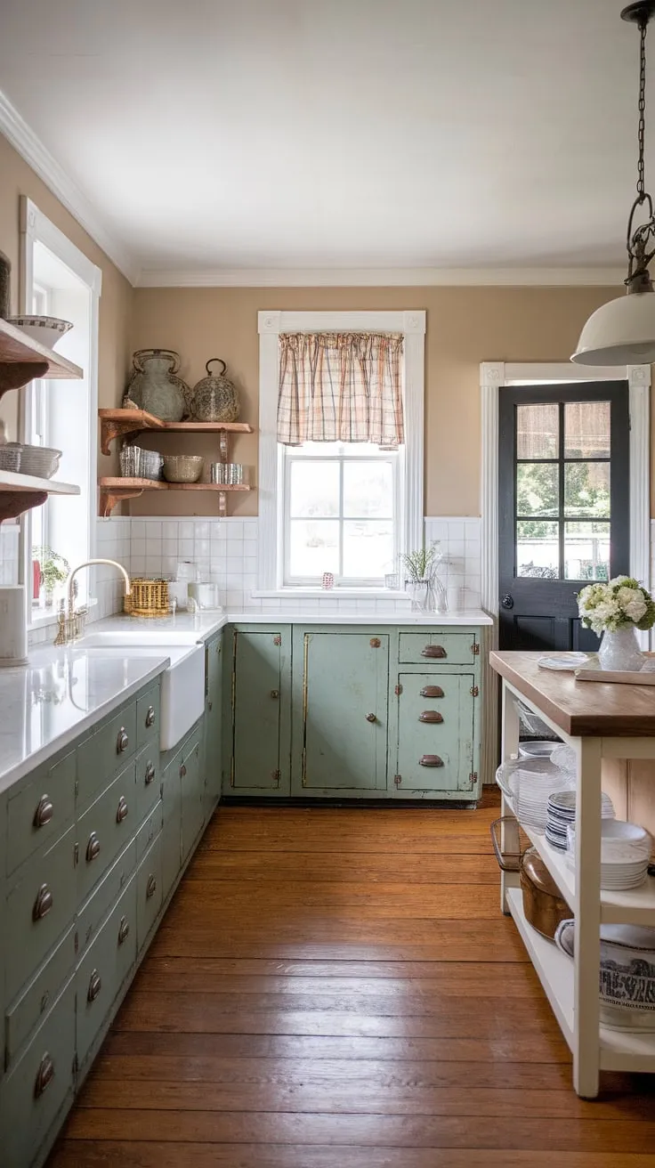 This traditional farmhouse kitchen beautifully blends modern farmhouse style with vintage kitchen decor, featuring green kitchen cabinets, rustic kitchen cabinets, and country kitchen inspiration.